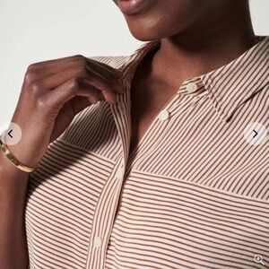 Spanx Low Maintenance Silk Button Down Marmalade Stripe Top Sz L